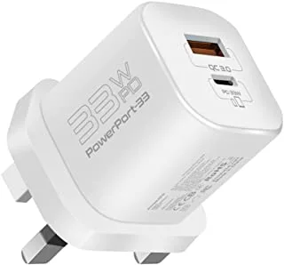 Promate GaN USB-C Charger, Ultra-Compact 33W USB-C Power Delivery Wall Charger with Fast 22.5W QC 3.0 Charging Port, Adaptive Smart Charging and Short-Circuit Protection, PowerPort-33
