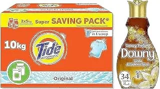 Laundry Savings bundle - (Tide Automatic Detergent Powder 10KG + Downy Concentrate Fabric Softener Vanilla and Cashmere Musk Fragrance 1.38L) - Packaging may vary