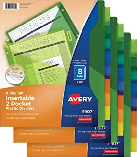 Avery Dividers for 3 Ring Binders, 8-Tab Binder Dividers, Two-Pocket Plastic Binder Dividers, Insertable Big Tabs, Multicolor, 3 Sets (71907)