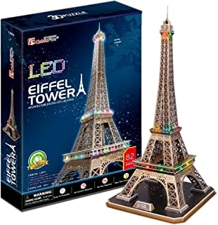 CubicFun France LED Architecture Model Building Kits 3D Puzzles for Adults, DIY Papercraft Lighting Paris Eiffel Tower Decoration Gift Game Toy, 82 Pieces