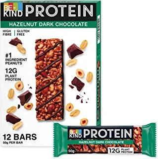 Be Kind Protein Bar Dark Chocolate with Hazelnuts, 12g Vegan Protein, Gluten-Free Light Snack, High Fiber, No Preservatives, No Artificial Colors, No Sweeteners, 12 x 50g Pack