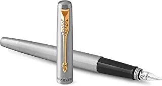 قلم حبر باركر جوتر ، هيكل من الفولاذ المقاوم للصدأ مع حواف ذهبية ، نقطة متوسطة ، حبر أزرق ، يتضمن صندوق هدايا