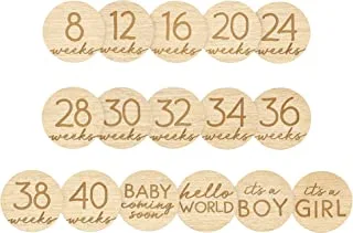 Pearhead Pregnancy Journey Milestone Markers ، وأقراص خشبية أسبوعية للنمو ، وإعلان عن الحمل ووصول الطفل ، وبطاقات دعامة صور مزدوجة الجوانب ، وإكسسوارات خشبية حديثة لحديثي الولادة