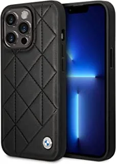 جراب هاتف محمول من الجلد الأصلي من مجموعة BMW Signature مع نمط مبطن لهاتف iPhone 14 Pro ، أسود