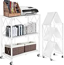 SKY-TOUCH Foldable Storage Shelves 3 Tier, Storage Shelves Kitchen Cabinet Storage Rack with Caster Wheels, Multi-Shelf Foldable Storage Shelves for Living Room Bedroom Kitchen Garage Office White