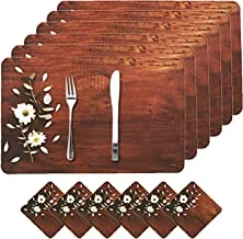 Kuber Industries Kitchen Table mat Set With Coaster|Decorative Placemats For Dining|Washable Kitchen Mats|Set Of 12|Wooden Flower Design (Brown)