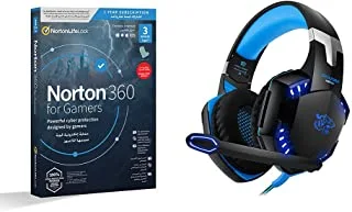 Datazone gaming headset G2000 Blue, volume control, compatible with modern devices, computer, laptop, PlayStation, with Norton N360 Gamers 1 User 3 Device., MEDIUM, Wired