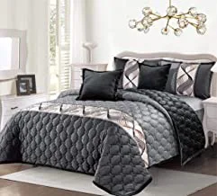 Double Sided Velvet Comforter set For All Season, 4 Pcs Soft Bedding Set, Single Size (160 X 210 Cm), Modern Spiral Print And Geometric Stitched Design, BL, Grey