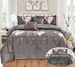 Warm And Fluffy Winter Velvet Fur Reversible Comforter Set, King Size (220 X 240 Cm) 6 Pcs Soft Bedding Set, Modern Floral And Vertical Striped Pattern, Hxyr, Pink Rose
