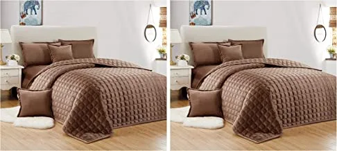Pack of 2 Double Sided Velvet Comforter set For All Season, Single Size (160 X 210 Cm) 4 Pcs Soft Bedding Set, Classic Double Side Square Stitched Design, SC, SC-1, Brown