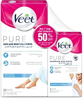 Veet Pure 20 Legs & Body Hair Removal Wax Strips and 16 Underarm Hair Removal Wax Strips for Sensitive Skin