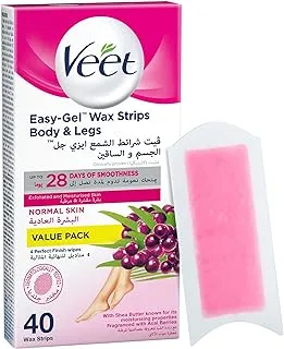 Veet Hair Removal Easy-Gel Wax Strips Body & Legs for Normal Skin, Moisturising Shea Butter and Acai Berries Scent – Pack Of 30 + Pack of 10 Free