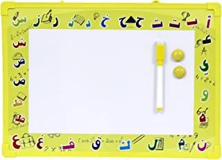 لوحة بيضاء كبيرة للمسح الجاف للأطفال ، لوح خشبي محكم للمسح الجاف مع قلم تحديد وحامل مغناطيسي لوحة مبطنة لتعلم الكتابة ، مع أحرف إنجليزية وعربية على الوجهين (36 سم × 26 سم) لون أصفر