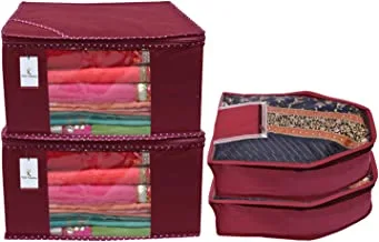 Kuber Industries Non Woven 2 Pieces Saree Cover/Cloth Wardrobe Organizer And 2 Pieces Blouse Cover Combo Set (Maroon)