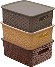 Kuber Industries Solitaire Plastic Basket With Lid|Big Size Multipurpose Bathroom Storage Basket|Food Storage Basket & Fruit Basket|Pack of 3|MULTICOLOR
