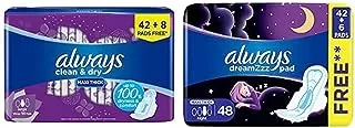 Always Clean & Dry Maxi Thick, Large Sanitary Pads With Wings, 50 Pads + Always Dreamzz Pad Clean & Dry Maxi Thick, Night Long Sanitary Pads With Wings, 8 Count