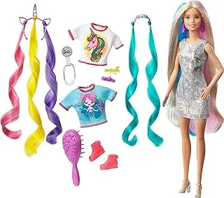 Barbie| Fantasy Hair Doll with Mermaid & Unicorn Looks, Multicolor, GHN04