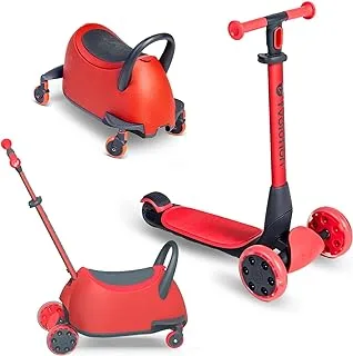 Yvolution Y Glider Luna Ride-On Scooter with Removable Storage Trunk & Seat, 3-in-1 Kick Scooter with LED Light-up Wheel, Adjustable Height Push Bar for Kids Age 1-10 Years (Red)
