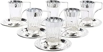 Soleter Tea and Coffee Glass Cups with Iron Holder and Saucers| British Tea Cups | Set of 6 (Silver)