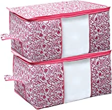 Kuber Industries Leaf Design Non Woven 2 Pieces Underbed Storage Bag, Storage Organiser, Blanket Cover (Pink) 65x45x31 CM