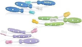 Nuby مجموعة فرشاة أسنان سيليكون بشعيرات من 3 قطع ، أزرق