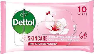 Dettol Skincare Antibacterial Skin Wipes for Use on Hands, Face, Neck etc, Protects Against 100 Illness Causing Germs, Pack of 10 Water Wipes