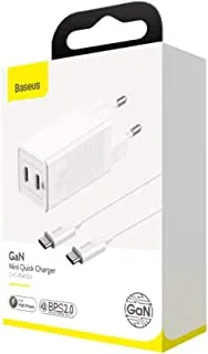 Baseus GaN2 Quick Charger C+C 45W EU(With Mini Cable Type-C to Type-C 60W（20V/3A）1m）White