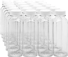 زجاجات عصير بلاستيكية مربعة سعة 12 أونصة - زجاجات PET شفافة ومضغوطة على البارد مع غطاء أمان واضح للعبث: مثالية لمحلات العصائر والمقاهي وحفلات تقديم الطعام - يمكن التخلص منها وصديقة للبيئة - 100-CT