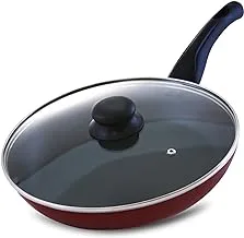 Royalford frying pan, aluminum non-stick fry pan ergonomic handle - saute pan/deep with glass lid suitable for multiple hob types ideal sauteing stir RED, 28CM, RF2953