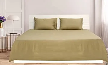 Deyarco Hotel Linen Klub Queen Bed Sheet 3pcs Set, 100% Cotton 250Tc Sateen 1cm Stripe, Size: 240x260cm + 2pc Pillowcase 50x75cm,Bronze