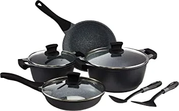 Winsor Granite Cookware sets of 9 Piece | Non-Stick Induction Base Granite Coating Pots and Pans | Cast Aluminium Cooking Set | Tempered Glass Lid - WR6001 - Black