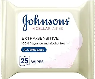 Johnson's Cleansing Facial Micellar Wipes, Extra-Sensitive, All Skin Types, Pack Of 25 Wipes