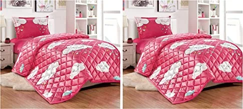 Pack of 2 Kids All Season Reversible Soft Velvet Flannel Comforter Set 3 Pcs Single Size (150 X 200 Cm) Boys Or Girls Bedding Set, Double Sided Geometric Stitch Pattern With Cloudy Print, Multicolor