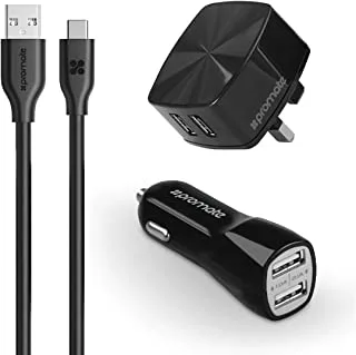 Promate USB-C Car and Wall and Car Charger Kit, Dual Kit, 1.2 Meter Type-C Cable