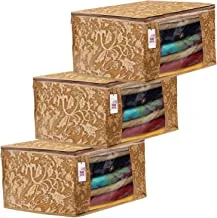 Fun Homes Metalic Printed 3 Pieces Non Woven Fabric Saree Cover/Clothes Organiser for Wardrobe Set with Transparent Window, Extra Large (Beige)