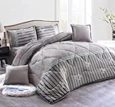 Soft, Warm And Fluffy Winter Velvet Fur Comforter Set, King Size (240 X 260 Cm) 6 Pcs Cozy Bedding Set, Horizontal Greek Key Pattern, Floral Printed, Dtx, Beige