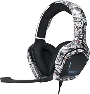 Onikuma k20 white gaming headset with surround sound ps4 headphones with mic works with xbox one pc,rgb lightweight soft earmuffs & volume control, middle, Wired