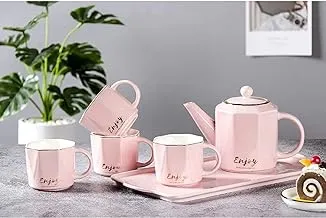 Home Concept Ar-283-4 6 Pcs Elegant Ceramic Tea Pot Set Golden Rim Solid Colorgold Coating -Pink