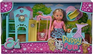 Evi Love Puppy Fun Doll with Three Cute Dog Puppies and Great Dog Area / Swing, Slide and 2-in-1 Buggy / 12 cm / Suitable for Children from 3 Years