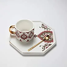 Home Concept Octagon Design Ceramic Cup & Saucer Set With Gold Spoon -230Ml, Red/White/Gold