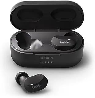 Belkin SOUNDFORM True Wireless Earbud Headphones (سماعات بلوتوث لأجهزة iPhone و Samsung و Google والتحكم باللمس وحقيبة شحن محمولة ووقت تشغيل 24 ساعة وعزل الضوضاء ومقاومة للعرق) - أسود