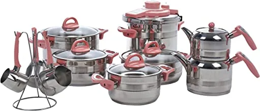 Kahraman Cookware Set Stainless Steel With Wooden Handle, 18Pcs-D-4706-A, Multi Color