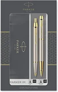 Parker Im Duo Gift Set With Ballpoint Pen & Rollerball Pen, BrUShed Metal With Gold Trim, Black Ink Refill & Cartridge, Gift Box - 9530