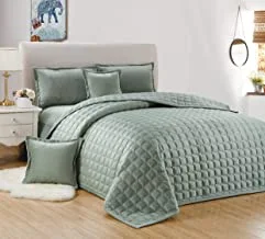 Double sided velvet comforter set for all season, single size (160 x 210 cm) 4 pcs soft bedding set, classic double side square stitched design, sc, light green