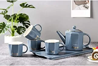 Home Concept 6 Pcs Elegant Ceramic Tea Pot Set Golden Rim Solid Colorgold Coating -Blue, Ar-283-2
