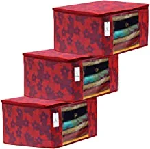 Kuber Industries Metalic Flower 3 Piece Non Woven Clothes Organizer Set, Large, Red, 43X35X17.5 Cm