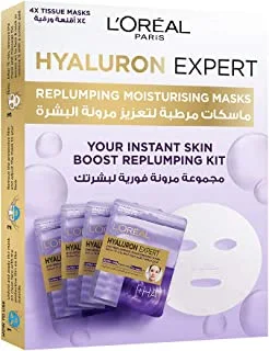 L'Oreal Paris Your Instant Skin Boost Replumping Kit with 4 Hyaluron Expert Tissue Masks with Hyaluronic Acid - Pack of 1