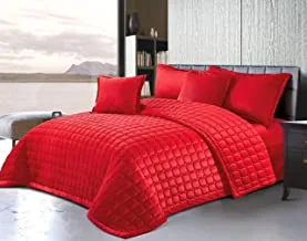 Double Sided Velvet Comforter Set For All Season, 6 Pcs Soft Bedding Set, King Size (220 X 240 Cm), Classical Double Side Small Box Stitched Pattern, Sc, Red
