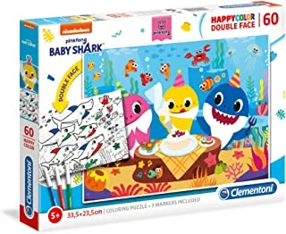Clementoni 26095 Baby Shark Supercolor Double Face Coloring Puzzle for Children – 60 Pieces, Ages 5 Years Plus, Multi-Coloured