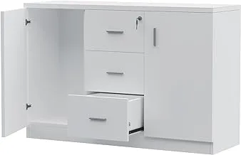Mahmayi Melamine On Mdf Carre 1147 Credenza - Contemporary and Tough Wooden Storage Cabinet With Three Drawer Storage - W120Cms X D40Cms X H80Cms (White)